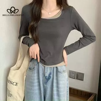 Футболка с длинными рукавами и квадратным вырезом, весенне-осенняя новинка, тонкий повседневный топ с неровным подолом, рубашки для девочек, женская одежда S