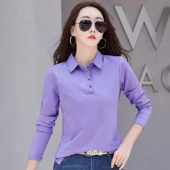 Футболка с длинными рукавами и лацканами для женщин в корейском стиле из чистого хлопка, простая тонкая рубашка поло на пуговицах, универсальная фиолетовая женская одежда L чёрный