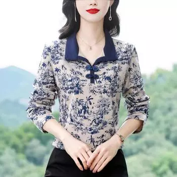 Футболка с длинными рукавами и лацканами, женская весенняя рубашка, новая рубашка для мам среднего возраста в иностранном стиле M