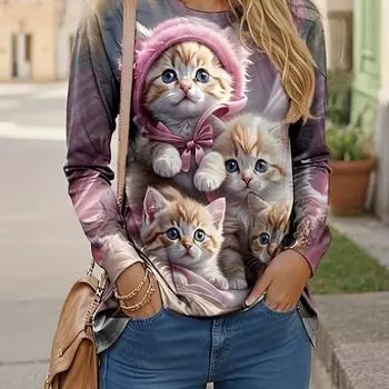 Футболка с длинными рукавами и очаровательным принтом кота — мягкий и удобный повседневный топ для повседневной носки, идеально подходит для весны и осени S