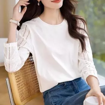Футболка с длинными рукавами и открытыми плечами Niche Hollow, осенний стиль, модный и универсальный топ для женщин, замедляющий старение S белый