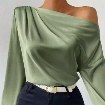 Футболка с длинными рукавами и перекрестным дизайном для женщин, асимметричный пуловер, однотонный атлас с длинными рукавами S зелёный