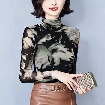 Футболка с длинными рукавами и полуводолазкой из сетки для женщин, зимняя, новая, плюшевая, утолщенная, нижняя рубашка, топ в китайском стиле M