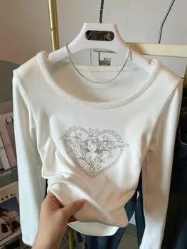 Футболка с длинными рукавами и принтом «Осень-зима» с принтом «Ангел», японская милая короткая рубашка, горячая девушка, корейский модный дизайн, повседневная одежда S белый