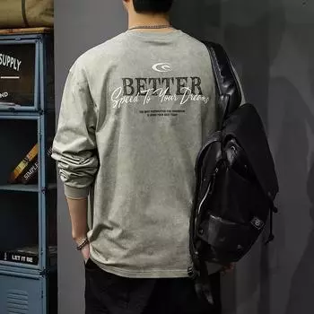 Футболка с длинными рукавами и принтом осенних букв, мужская американская ретро-свитер, свободная хлопковая рубашка с круглым вырезом M