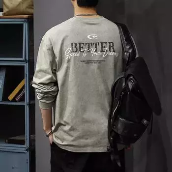 Футболка с длинными рукавами и принтом осенних букв, мужская американская ретро-свитер, свободная хлопковая рубашка с круглым вырезом M