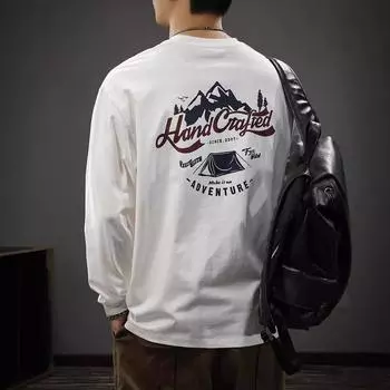 Футболка с длинными рукавами и принтом в стиле американского ретро на открытом воздухе, мужская осенняя рубашка из чистого хлопка, свободный модный свитер M белый