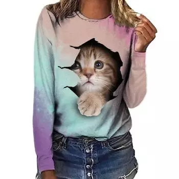 Футболка с длинными рукавами и принтом в виде цветного кота с цифровым 3D-принтом для женщин, модная футболка с круглым вырезом, большой размер S
