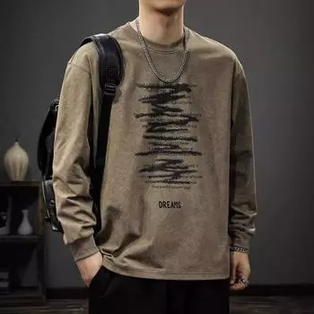 Футболка с длинными рукавами и принтом в стиле американского граффити High Street, мужская, ретро, стираная, осенняя, тяжелая, свободная, хулиганская, красивый свитер Tide M фиолетовый