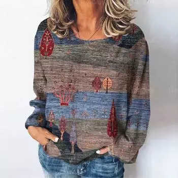 Футболка с длинными рукавами и принтом в виде естественного пейзажа в формате 3D, осенние повседневные женские футболки, повседневная свободная женская одежда, винтажный уличный свитер S