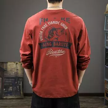 Футболка с длинными рукавами и принтом в стиле весенней американской моды, мужская, 60 г, плотная, свободная, большого размера, хлопковая рубашка-свитер M красный