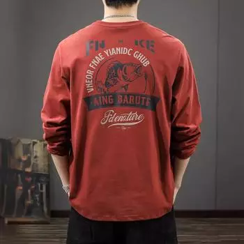 Футболка с длинными рукавами и принтом в стиле весенней американской моды, мужская, 60 г, плотная, свободная, большого размера, хлопковая рубашка-свитер M красный
