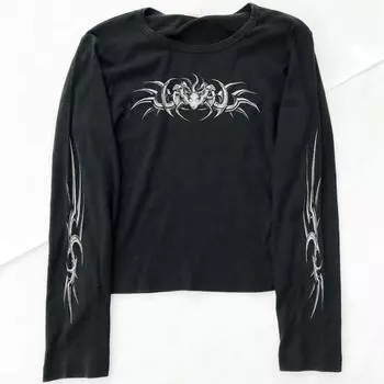Футболка с длинными рукавами и принтом в темном стиле, круглый вырез, уличный повседневный панк-стиль, универсальный топ S чёрный