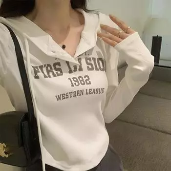 Футболка с длинными рукавами и принтом в американском ретро-стиле для женщин на осень и зиму, новый универсальный темпераментный тонкий короткий топ S