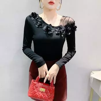 Футболка с длинными рукавами и принтом в стиле ретро для женщин, зимняя, новый дизайн и тонкий базовый топ S