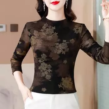 Футболка с длинными рукавами и сетчатым принтом в стиле ретро для женщин среднего возраста, осенняя, с плюшевой внутренней частью, базовый топ L