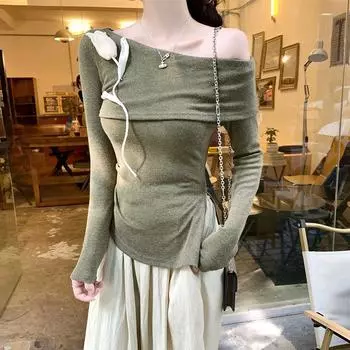 Футболка с длинными рукавами и трехмерным цветочным принтом на одно плечо для женщин, облегающая, с внутренним слоем, уникальная нижняя часть, нерегулярный разрез сверху S зелёный