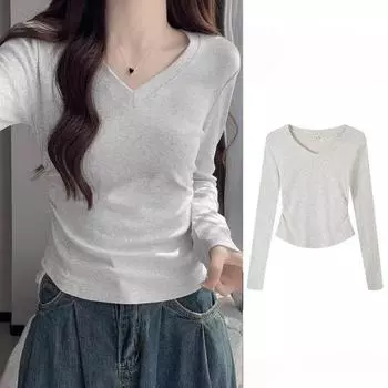 Футболка с длинными рукавами и V-образным вырезом на плече для женщин, осенне-зимняя, корейская мода, шикарный облегающий низ и утягивающий верх S