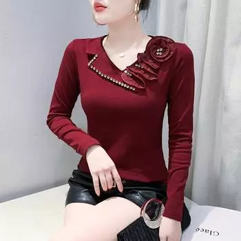 Футболка с длинными рукавами и V-образным вырезом с трехмерным цветочным узором и ромбовидной инкрустацией для женщин на зиму, модный базовый топ с эффектом омоложения M