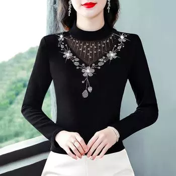 Футболка с длинными рукавами и воротником-стойкой для мамы среднего возраста, женская рубашка-топ M