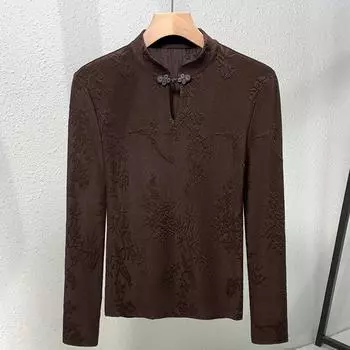 Футболка с длинными рукавами и воротником-стойкой в китайском стиле для женщин, новая осенняя новая китайская женская облегающая футболка с открытыми плечами S