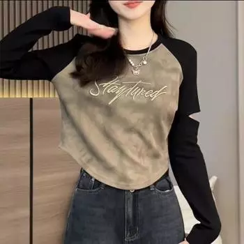 Футболка с длинными рукавами и вырезами, женская осенняя футболка в корейском стиле, новый дизайн, облегающий топ с вышивкой и надписью Tie Dye M зелёный