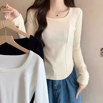 Футболка с длинными рукавами и вырезом «рыбья кость» на правом плече для женщин, осенний новый дизайн, квадратный воротник, закругленный подол, верхняя одежда S