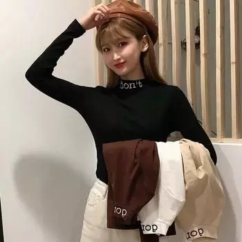 Футболка с длинными рукавами и вышивкой в стиле Харадзюку, женские топы с полувысоким воротником, весенние черные повседневные тонкие базовые женские футболки, осенний белый топ M белый