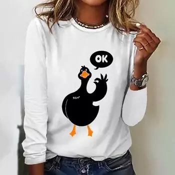 Футболка с длинными рукавами и забавным рисунком утки. Осенние хлопковые женские футболки. Новые модные топы с круглым вырезом. Свободная женская одежда. Уличная одежда. S
