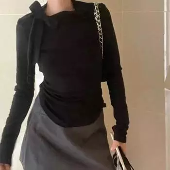 Футболка с длинными рукавами и завязками-бабочками из немецкого бархата для женщин на весну и осень, утягивающая, с высоким воротником, базовый топ, женские футболки S чёрный