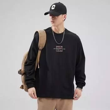 Футболка с длинными рукавами из американского плотного хлопка, мужская свободная повседневная рубашка, модный фирменный принтованный свитер с круглым вырезом M чёрный