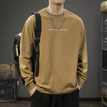 Футболка с длинными рукавами из американского ретро-хлопка, мужская, свободного покроя, большого размера, осенняя, с круглым вырезом, модный свитер с принтом M темный кофе