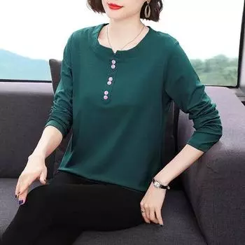 Футболка с длинными рукавами из чистого хлопка, женская, осенняя, свободного покроя, большого размера, с V-образным вырезом, однотонная футболка на пуговицах, нижняя часть рубашки, верх 3XL чёрный
