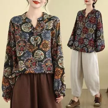 Футболка с длинными рукавами из хлопка и льна в китайском стиле в стиле ретро, женская одежда на весну и осень, свободная базовая рубашка L оранжевый