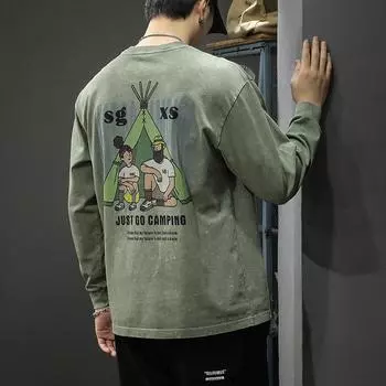 Футболка с длинными рукавами из хлопка в американском ретро-стиле, мужская, свободная, модная, на осень и зиму, с круглым вырезом, плотный повседневный свитер S абрикосовый света