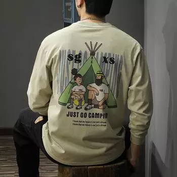 Футболка с длинными рукавами из хлопка в американском ретро-стиле, мужская, свободная, модная, на осень и зиму, с круглым вырезом, плотный повседневный свитер S абрикосовый света