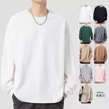 Футболка с длинными рукавами из плотного хлопка, однотонная, мужская, на весну и осень, американский свитер, свободная молодежная рубашка-подвязка M света кофе