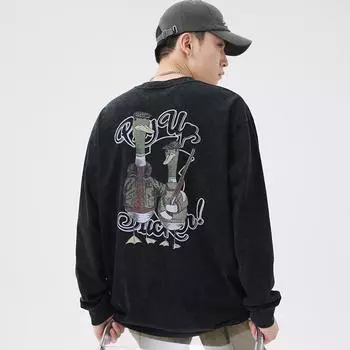 Футболка с длинными рукавами из плотного хлопка в стиле ретро, модная мужская футболка с принтом, свободный свитер с круглым вырезом, осенний тренд S чёрный