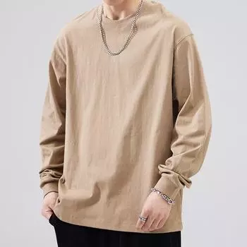 Футболка с длинными рукавами из плотного хлопка, однотонная, мужская, на весну и осень, американский свитер, свободная молодежная рубашка-подвязка M темно-зеленого