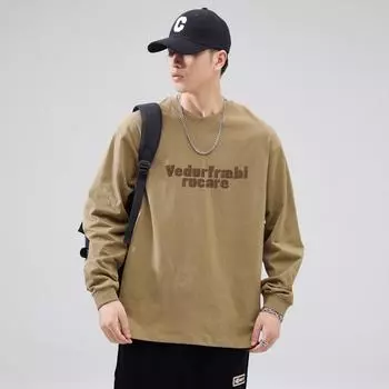 Футболка с длинными рукавами из плотного хлопка 60 г, мужская, свободная, с круглым вырезом, осенняя, с принтом, нижняя рубашка для мужчин M света кофе