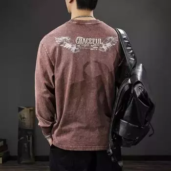 Футболка с длинными рукавами из плотной ткани плотностью 300 г, мужская, в американском стиле, в стиле ретро, свободная футболка из чистого хлопка M