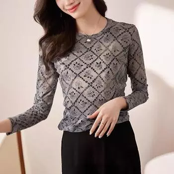 Футболка с длинными рукавами из сетчатого принта для женщин. Весна. Новая универсальная тонкая базовая рубашка. Модный топ. M
