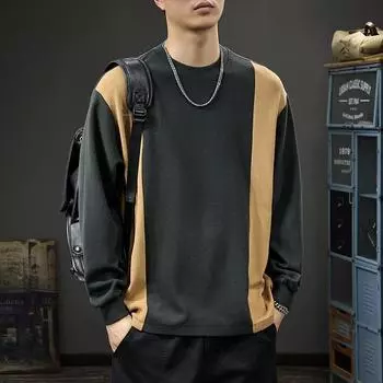 Футболка с длинными рукавами контрастного цвета с осенним принтом, мужская свободная, большого размера, тяжелый свитер, американская повседневная футболка с круглым вырезом Tide M