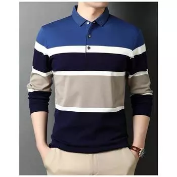 Футболка с длинными рукавами, мужская повседневная футболка в полоску, мужская рубашка поло с лацканами S темно-синий