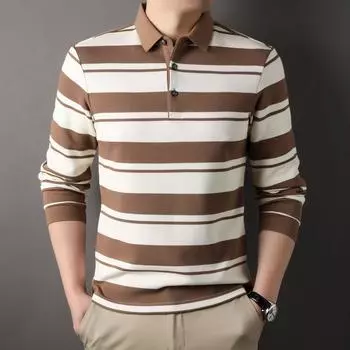 Футболка с длинными рукавами, осенняя новая мужская полосатая рубашка с лацканами, повседневная мужская рубашка-поло в деловом стиле M