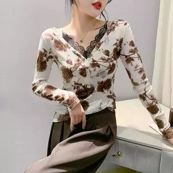 Футболка с длинными рукавами Splicing, женственный топ с V-образным вырезом, тонкая и универсальная нижняя рубашка M белый