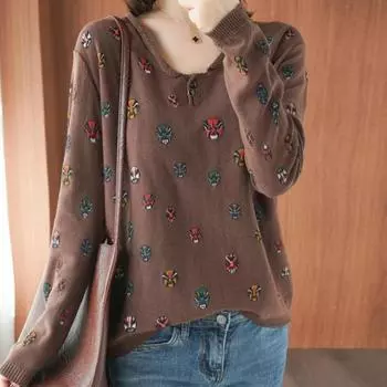 Футболка с длинными рукавами, свободный топ с принтом, ретро-футболка с V-образным вырезом, женская трендовая рубашка M оранжевый