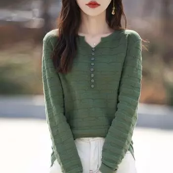 Футболка с длинными рукавами, трикотажный свитер, женский свитер с V-образным вырезом, свободный топ высокого качества S верблюд