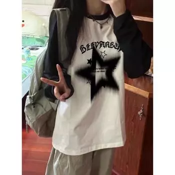 Футболка с длинными рукавами в американском стиле в стиле ретро для мужчин и женщин, модный тренд весны и осени, повседневный удобный топ с круглым вырезом в стиле Харадзюку M белый