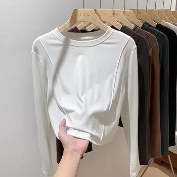 Футболка с длинными рукавами в европейском стиле с узором «рыбья кость» для женщин, осень и зима, новая облегающая рубашка с высокой внутренней талией и короткими рукавами S
